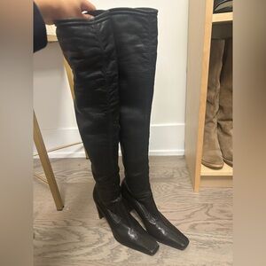 Black Leather Very Tall Square Toe Knee-High Boots